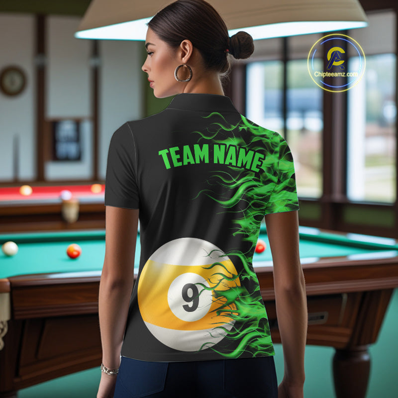 Green Flaming 8 Ball & 9 Ball Billiard Shirt Custom Pool Team Jersey Polo & 1/4 Zip
