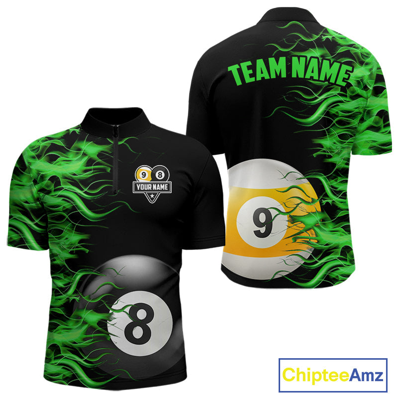 Green Flaming 8 Ball & 9 Ball Billiard Shirt Custom Pool Team Jersey Polo & 1/4 Zip