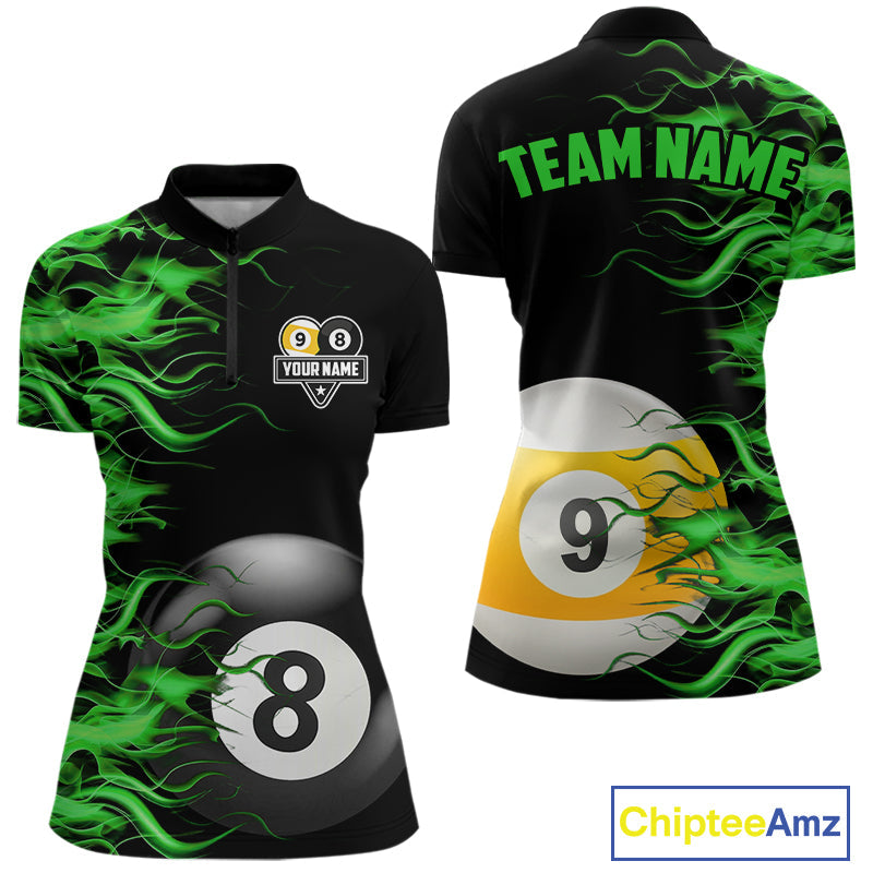 Green Flaming 8 Ball & 9 Ball Billiard Shirt Custom Pool Team Jersey Polo & 1/4 Zip