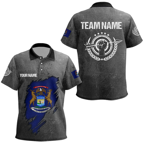 Grunge Michigan Archery Polo Shirts, Custom Team Name Patriotic Michigan Flag Archery Jerseys