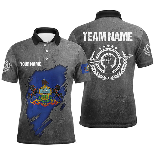 Grunge Pennsylvania Archery Polo Shirts, Custom Patriotic Pennsylvania Flag Archery Jerseys