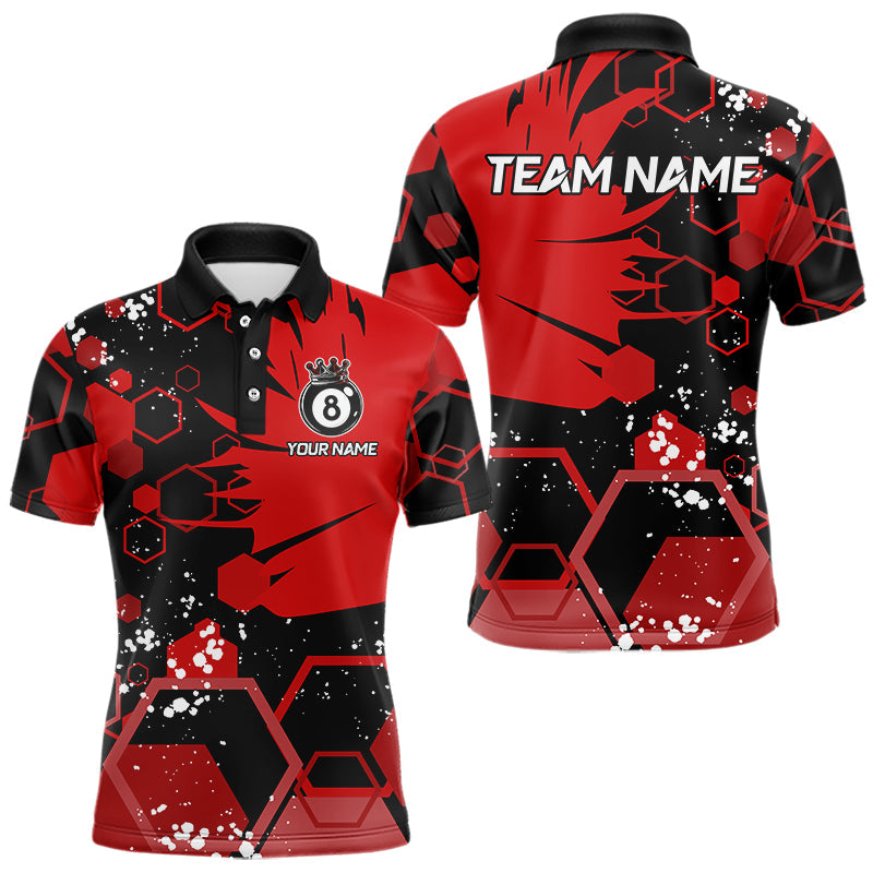 Personalized Black Red 8 Ball Crown Hexagon Billiard Shirts, Pool Billiard Team Jerseys