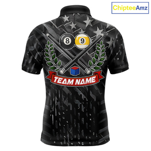 Black US Flag 8 Ball & 9 Ball Pool Billiard Shirt Custom Billiard Team Jersey Polo, 1/4 Zip