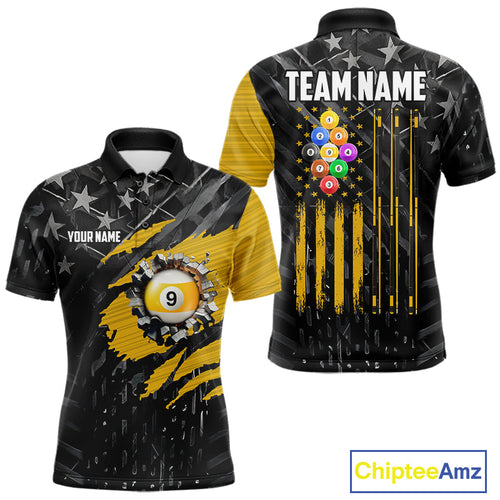 Yellow Black American Flag 9 Ball Pool 's Billiard Shirt Custom Billiard Jersey Polo, 1/4 Zip