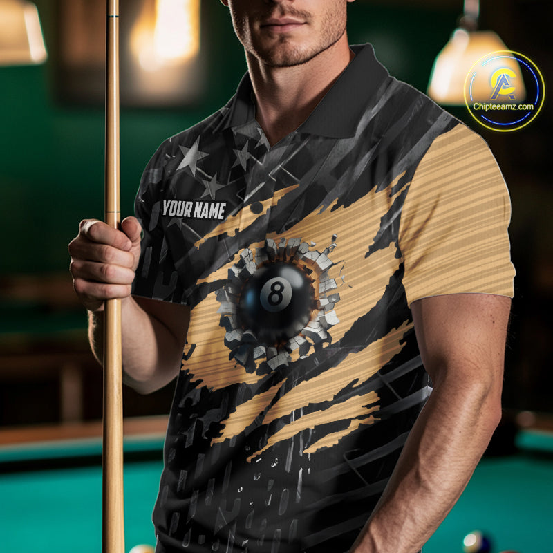 Black American Flag 8 Ball Billiard Shirt Custom Billiard Team Jersey Polo & 1/4 Zip