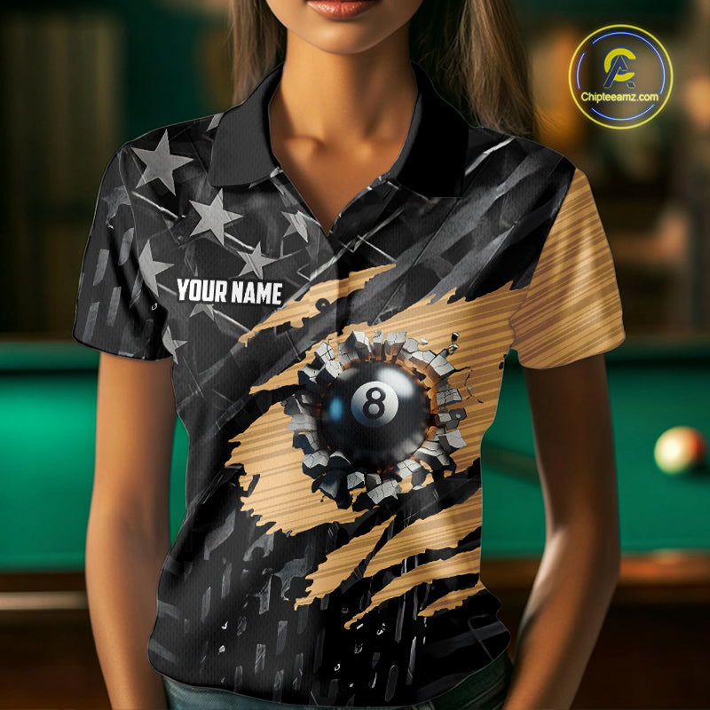 Black American Flag 8 Ball Billiard Shirt Custom Billiard Team Jersey Polo & 1/4 Zip