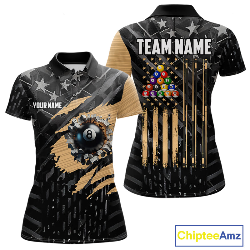 Black American Flag 8 Ball Billiard Shirt Custom Billiard Team Jersey Polo & 1/4 Zip