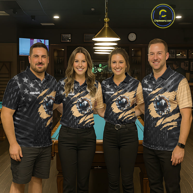Black American Flag 8 Ball Billiard Shirt Custom Billiard Team Jersey Polo & 1/4 Zip