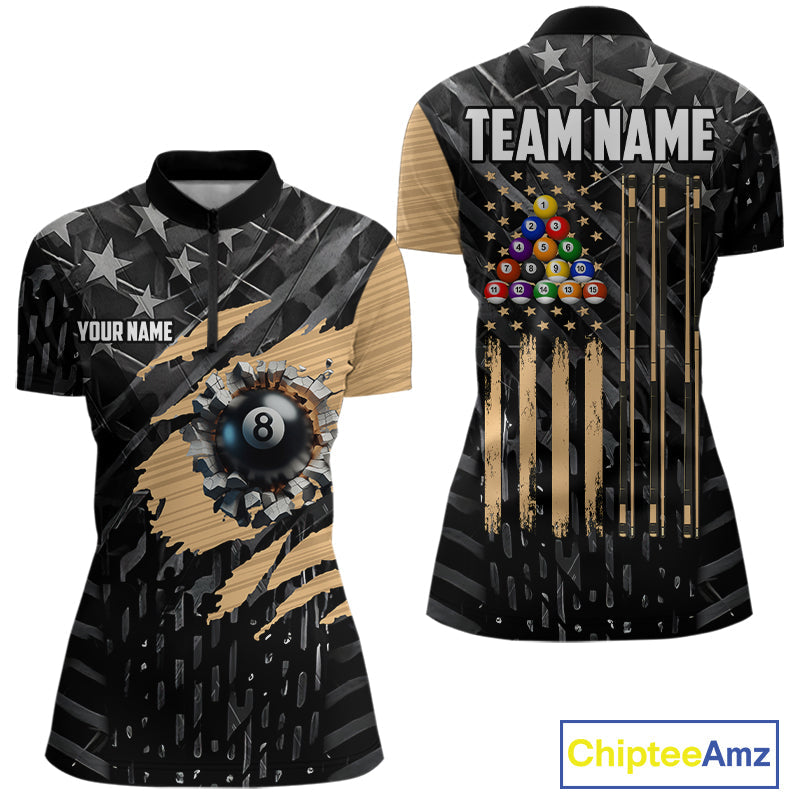 Black American Flag 8 Ball Billiard Shirt Custom Billiard Team Jersey Polo & 1/4 Zip