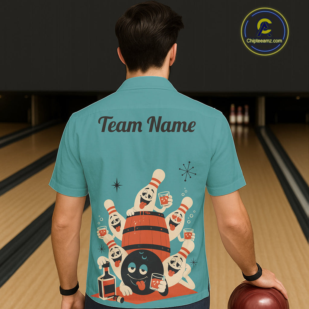 Custom Retro Funny Drunk Bowling Hawaiian Shirt, Drinking Bowling Team Jersey Bowling Button-Up Shirt
