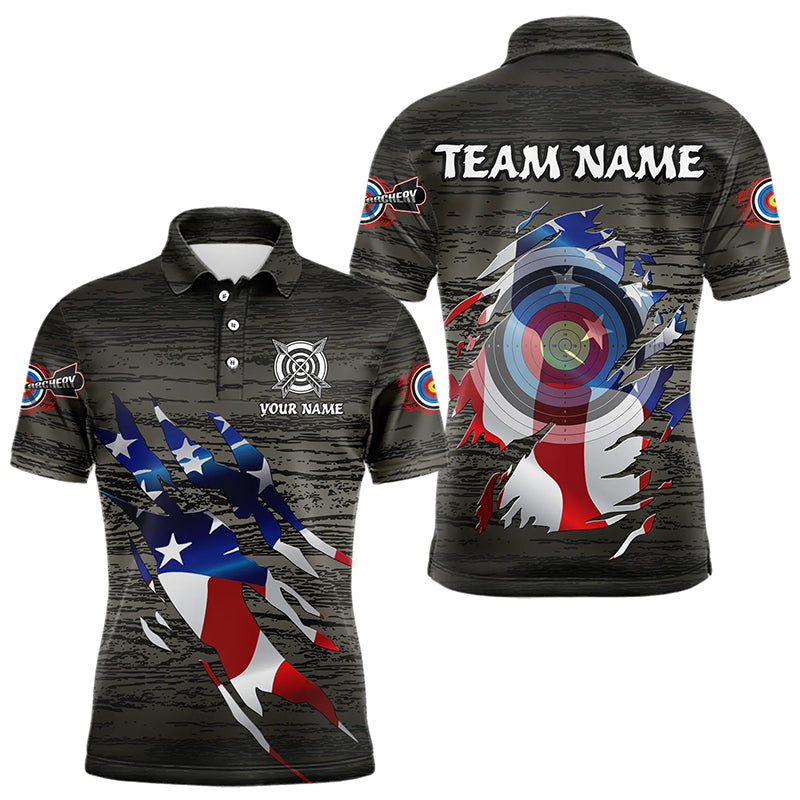 Personalized Grey Grunge USA Flag Archery Shirts, American Patriotic Archery Team Jerseys