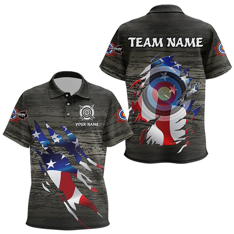 Personalized Grey Grunge USA Flag Archery Shirts, American Patriotic Archery Team Jerseys