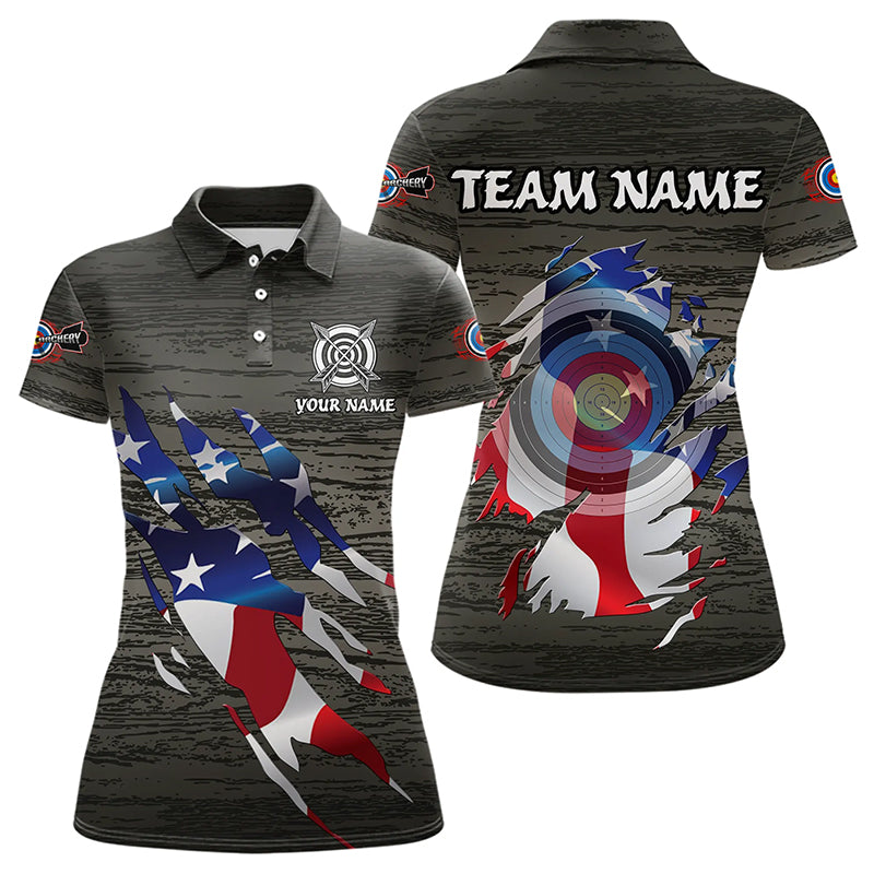 Personalized Grey Grunge USA Flag Archery Shirts, American Patriotic Archery Team Jerseys