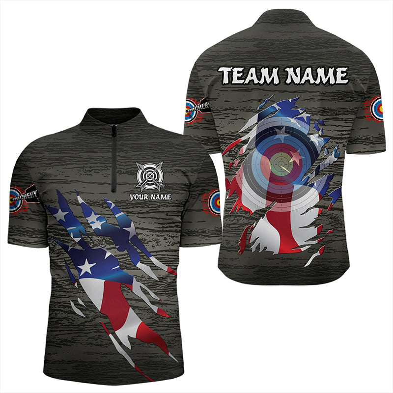 Personalized Grey Grunge USA Flag Archery Shirts, American Patriotic Archery Team Jerseys