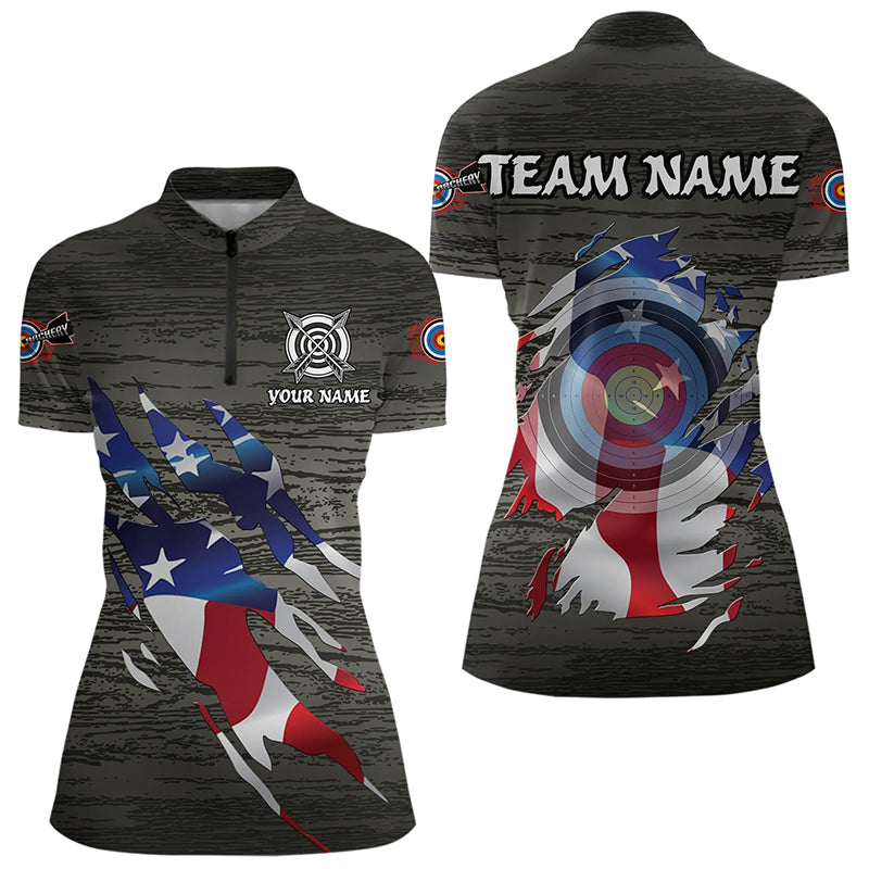 Personalized Grey Grunge USA Flag Archery Shirts, American Patriotic Archery Team Jerseys