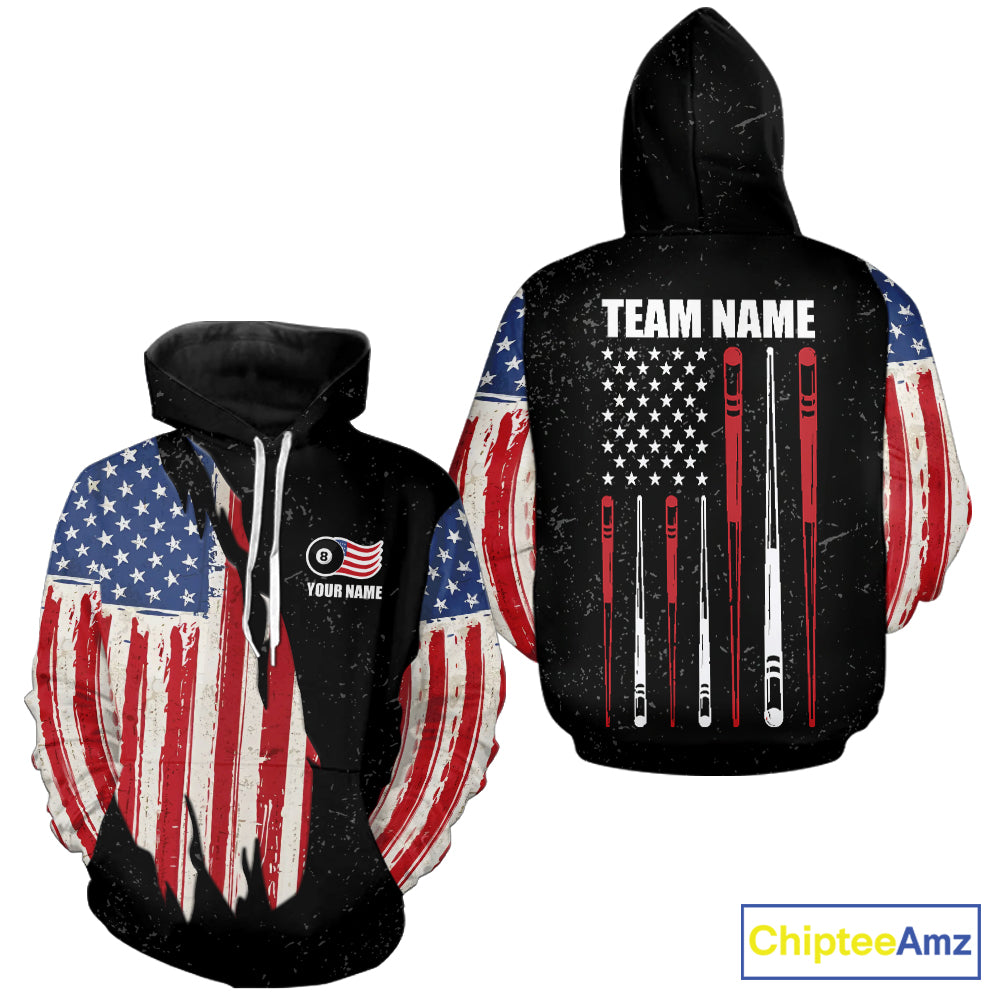 Personalized Grunge American Flag Billiard Hoodie Custom Patriotic 8 Ball Hoodie Pool Team Shirt