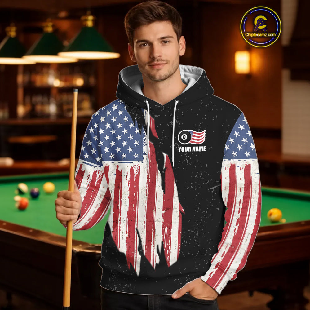 Personalized Grunge American Flag Billiard Hoodie Custom Patriotic 8 Ball Hoodie Pool Team Shirt