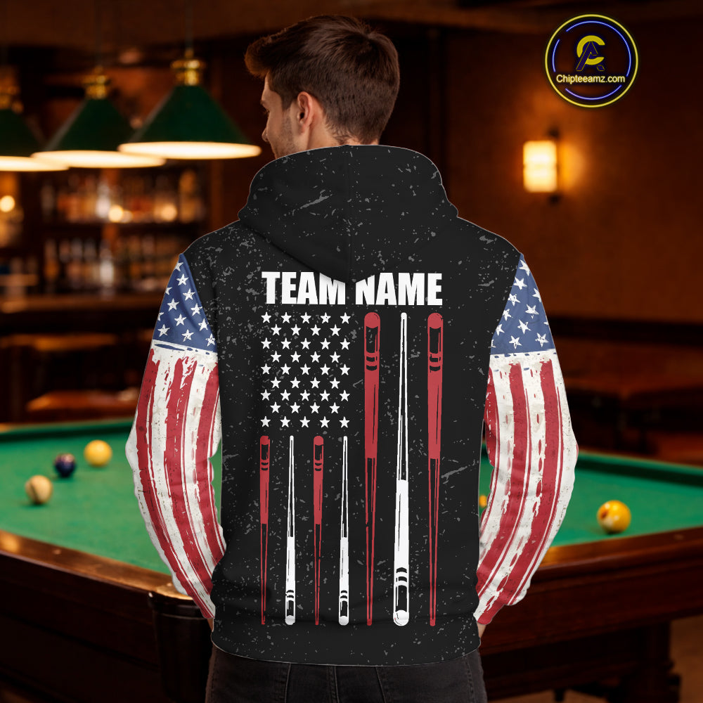Personalized Grunge American Flag Billiard Hoodie Custom Patriotic 8 Ball Hoodie Pool Team Shirt