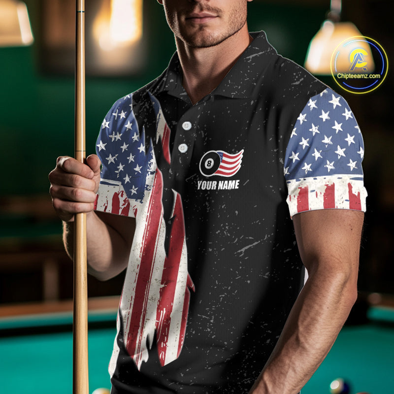Personalized Grunge American Flag 's Billiard Shirt Custom 8 Ball Pool Billiard Team Jersey