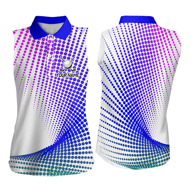 Personalized Blue Geometric Sleeveless Golf Polo Shirts Custom Golf Tops, Golfing Gifts