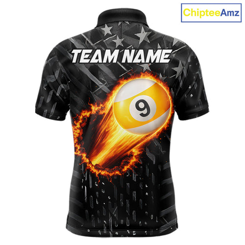 Black US Flag 9 Ball Fire Billiard Shirt Custom Billiard Team Jersey Polo & 1/4 Zip