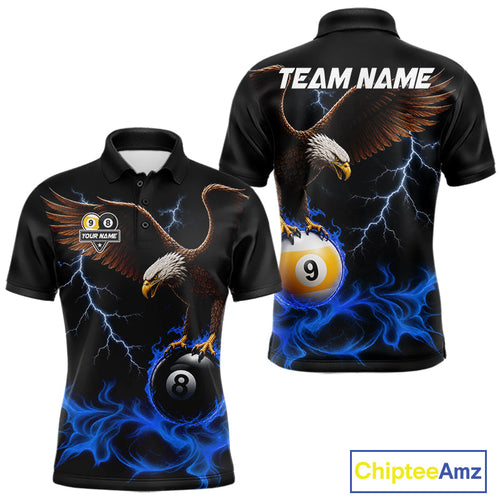Blue Flaming Eagle 8 Ball & 9 Ball Billiard Shirts Custom Pool Team Jersey Polo & 1/4 Zip