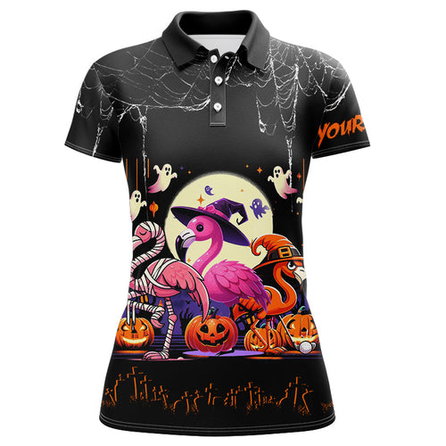 Funny Golf Polo Shirts Black Halloween Pattern Custom Name Flamingo Golf Friend Outfits