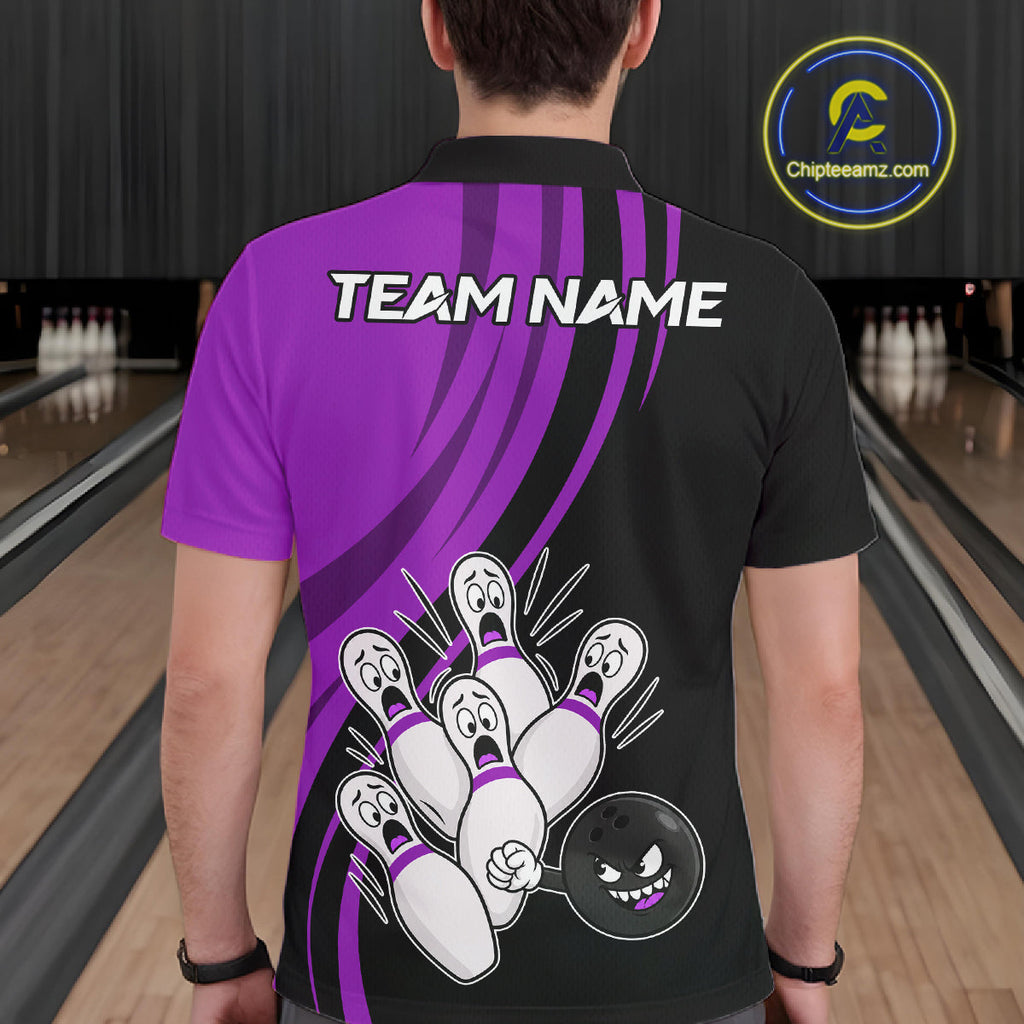 Funny Bowling Ball And Pins Black And Purple Bowling Shirts Custom Bowling Team Jersey