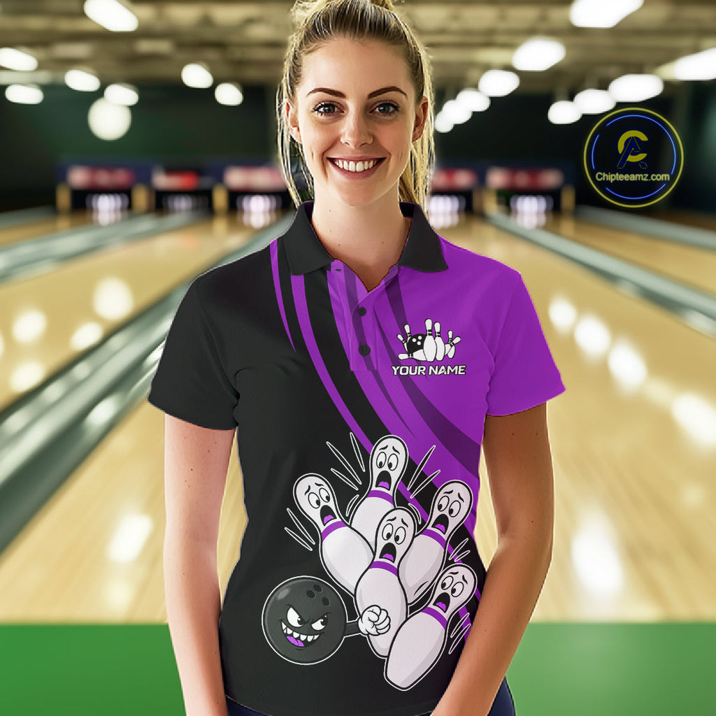 Funny Bowling Ball And Pins Black And Purple Bowling Shirts Custom Bowling Team Jersey