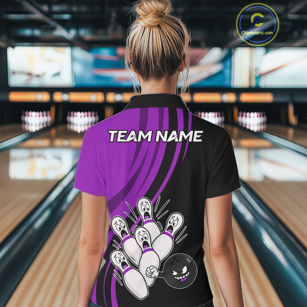 Funny Bowling Ball And Pins Black And Purple Bowling Shirts Custom Bowling Team Jersey