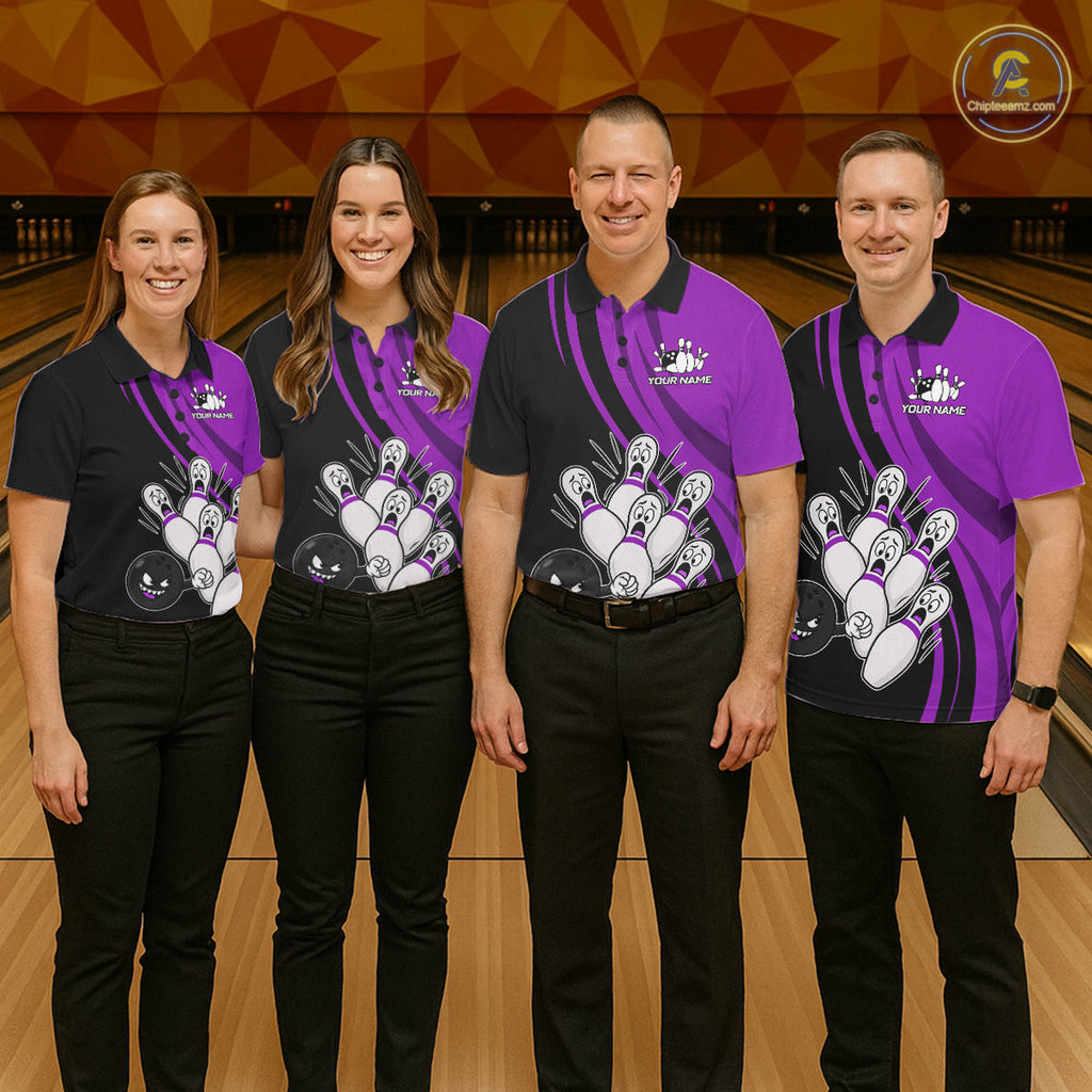 Funny Bowling Ball And Pins Black And Purple Bowling Shirts Custom Bowling Team Jersey