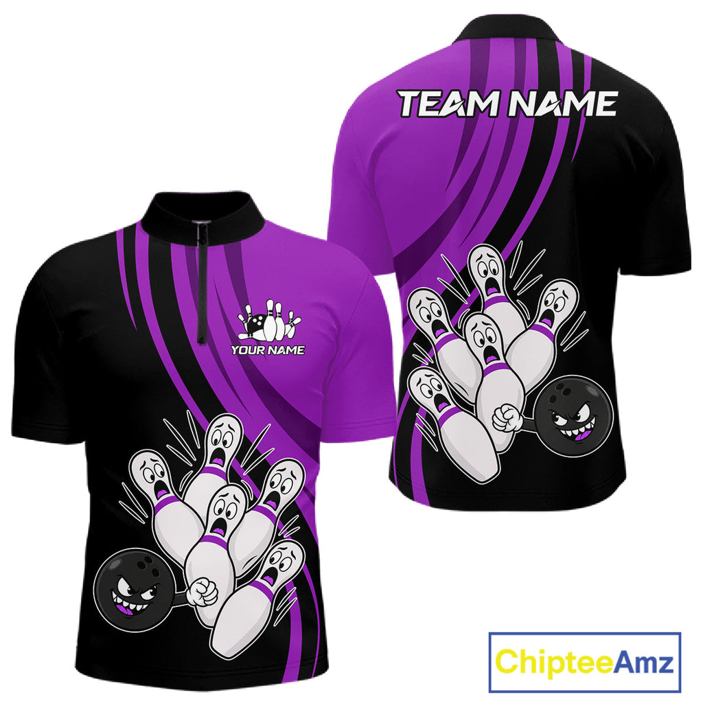 Funny Bowling Ball And Pins Black And Purple Bowling Shirts Custom Bowling Team Jersey