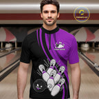 Funny Bowling Ball And Pins Black And Purple Bowling Shirts Custom Bowling Team Jersey