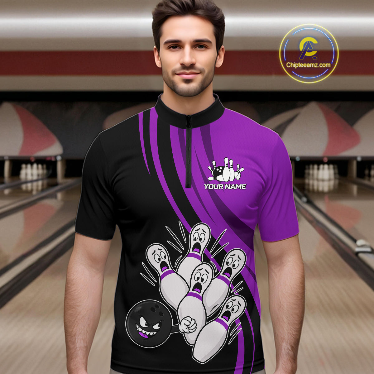Funny Bowling Ball And Pins Black And Purple Bowling Shirts Custom Bowling Team Jersey