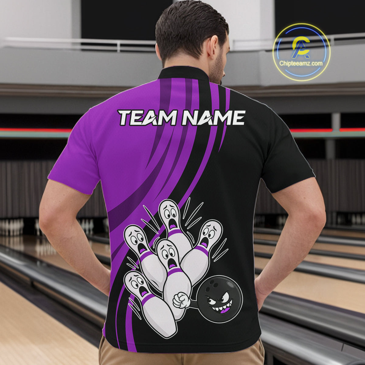 Funny Bowling Ball And Pins Black And Purple Bowling Shirts Custom Bowling Team Jersey