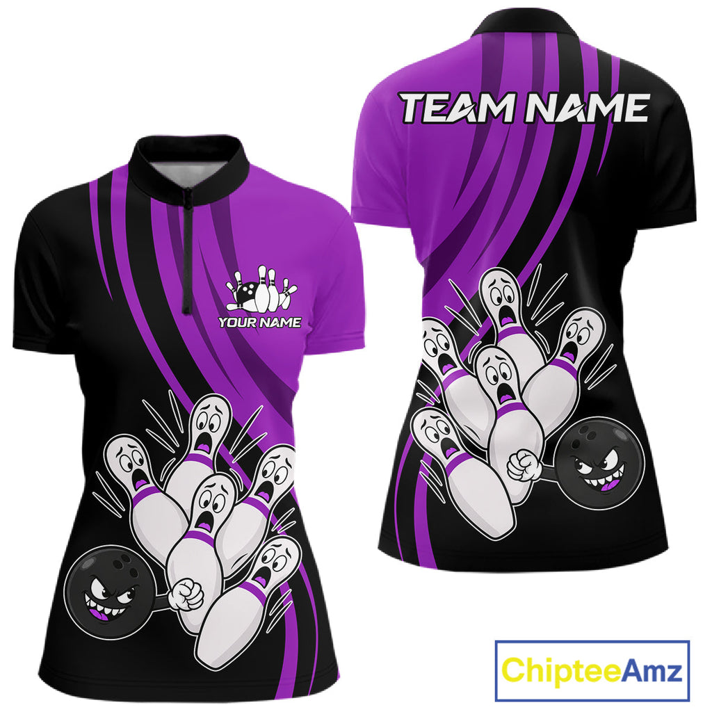 Funny Bowling Ball And Pins Black And Purple Bowling Shirts Custom Bowling Team Jersey