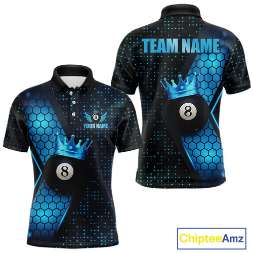 Personalized Blue 8 Ball Pool Crown Hexagon Billiard Shirt, Billiard League Team Jersey