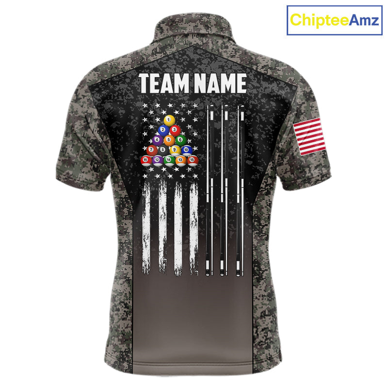 Custom Vintage Camo US Flag 8 Ball Pool Shirt, Patriotic Billiard Jersey Polo & 1/4 Zip