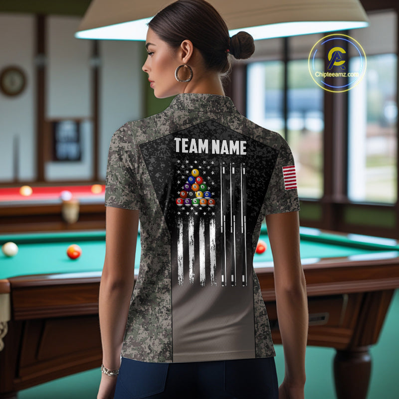 Custom Vintage Camo US Flag 8 Ball Pool Shirt, Patriotic Billiard Jersey Polo & 1/4 Zip