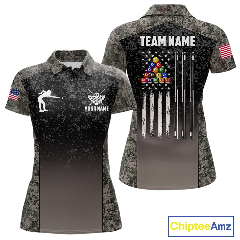 Custom Vintage Camo US Flag 8 Ball Pool Shirt, Patriotic Billiard Jersey Polo & 1/4 Zip