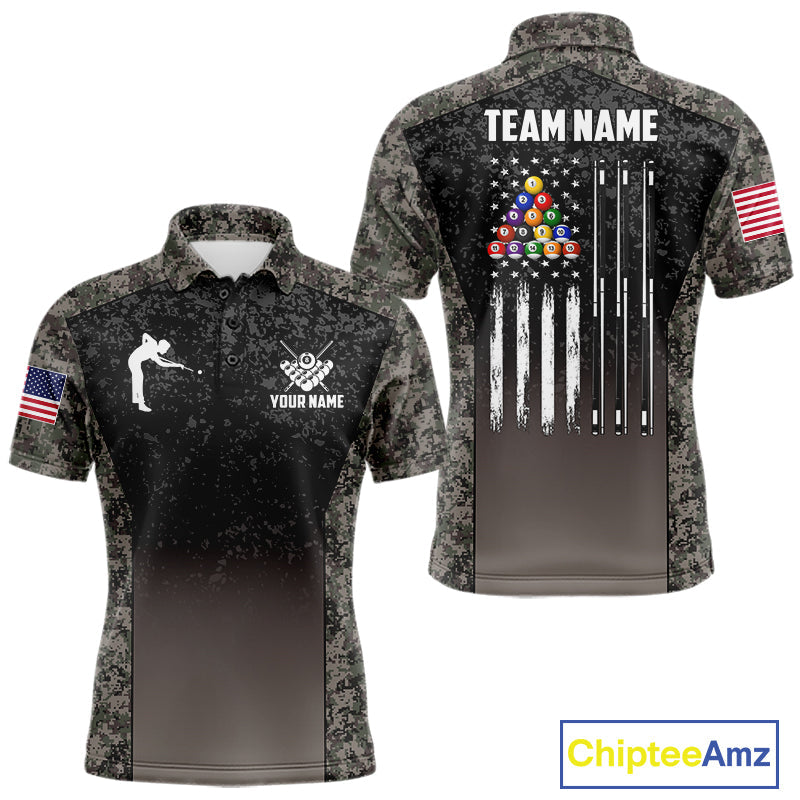 Custom Vintage Camo US Flag 8 Ball Pool Shirt, Patriotic Billiard Jersey Polo & 1/4 Zip