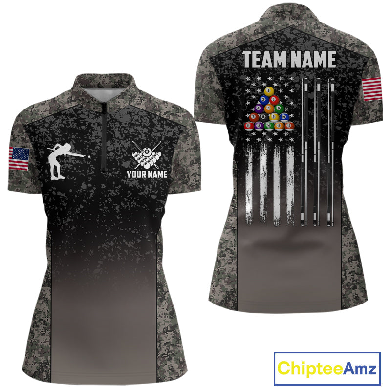 Custom Vintage Camo US Flag 8 Ball Pool Shirt, Patriotic Billiard Jersey Polo & 1/4 Zip