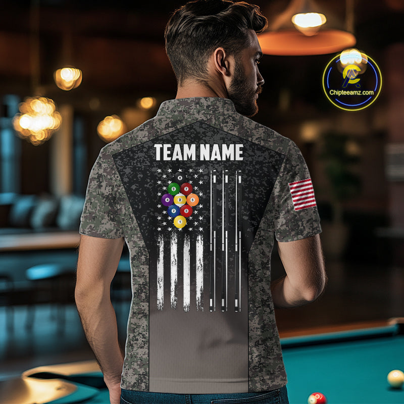 Custom Vintage Camo US Flag 9 Ball Pool Shirt, Patriotic Billiard Jersey Polo & 1/4 Zip