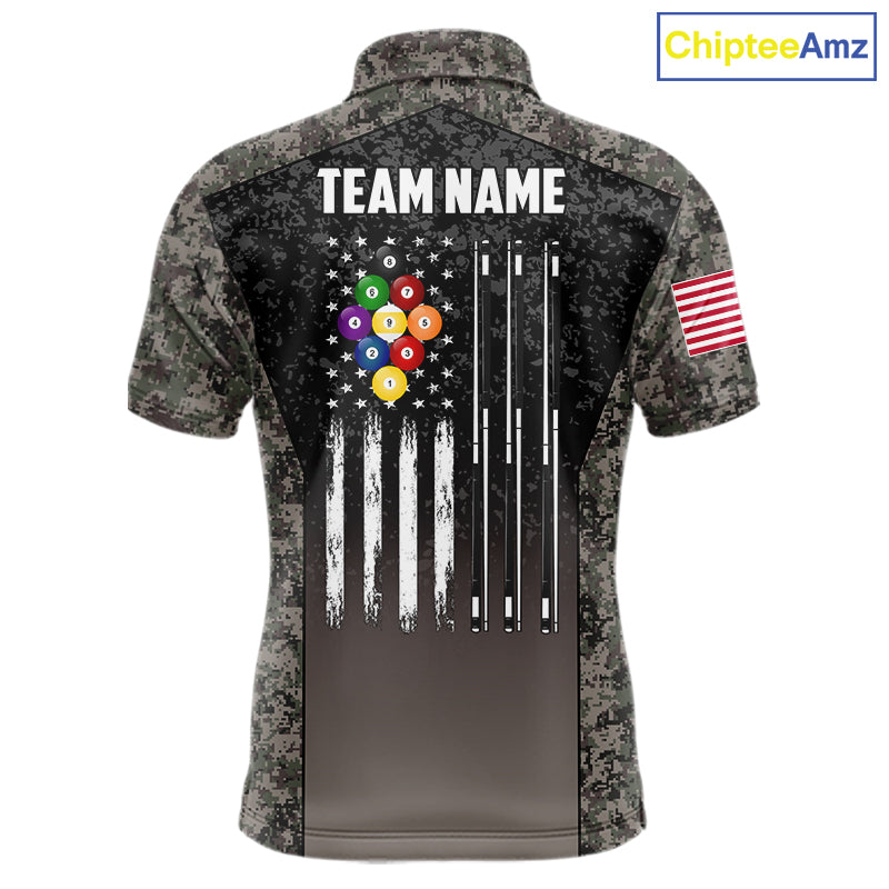 Custom Vintage Camo US Flag 9 Ball Pool Shirt, Patriotic Billiard Jersey Polo & 1/4 Zip