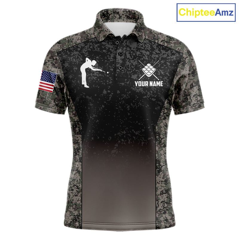 Custom Vintage Camo US Flag 9 Ball Pool Shirt, Patriotic Billiard Jersey Polo & 1/4 Zip