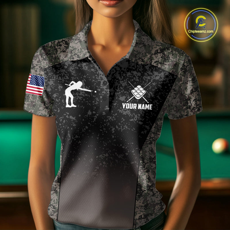 Custom Vintage Camo US Flag 9 Ball Pool Shirt, Patriotic Billiard Jersey Polo & 1/4 Zip