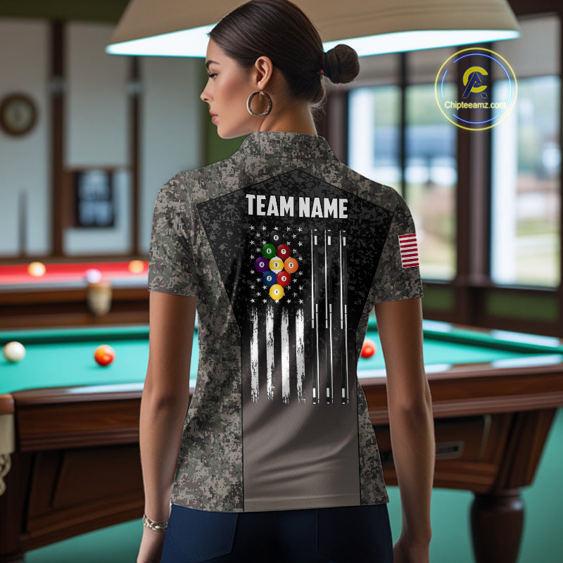 Custom Vintage Camo US Flag 9 Ball Pool Shirt, Patriotic Billiard Jersey Polo & 1/4 Zip