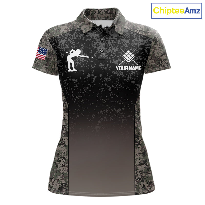 Custom Vintage Camo US Flag 9 Ball Pool Shirt, Patriotic Billiard Jersey Polo & 1/4 Zip