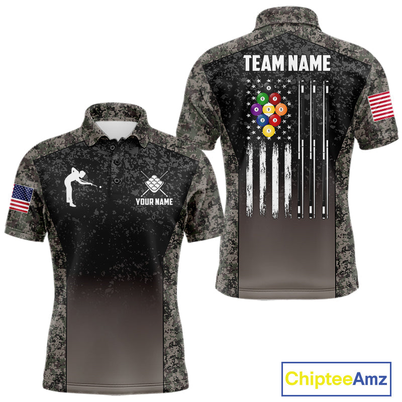 Custom Vintage Camo US Flag 9 Ball Pool Shirt, Patriotic Billiard Jersey Polo & 1/4 Zip