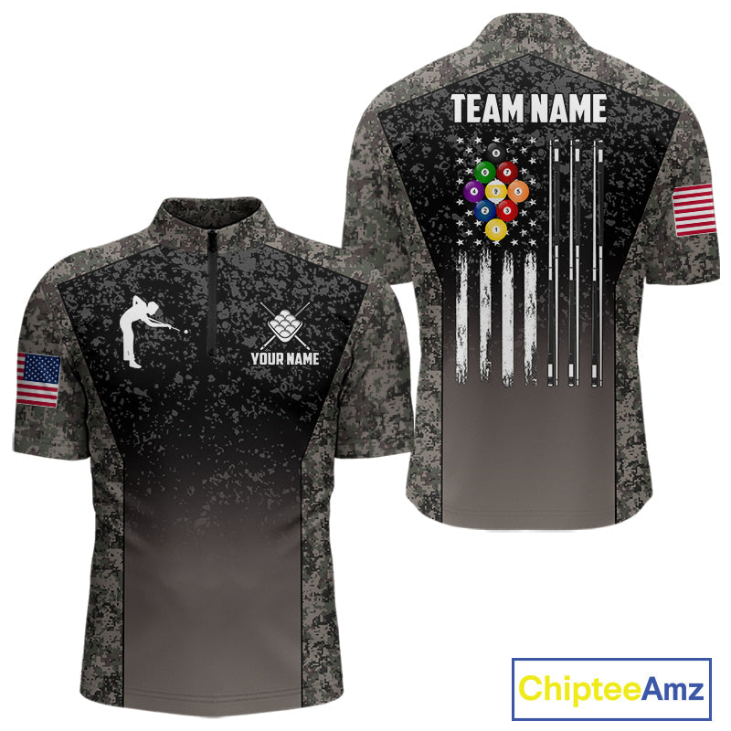 Custom Vintage Camo US Flag 9 Ball Pool Shirt, Patriotic Billiard Jersey Polo & 1/4 Zip